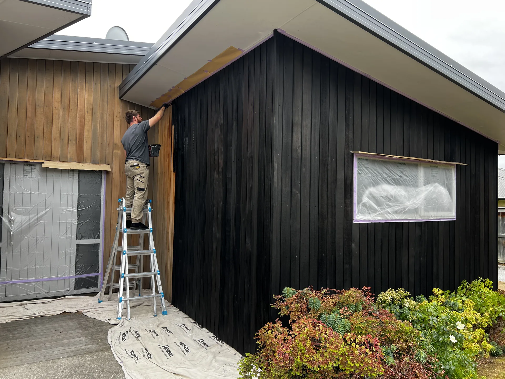 Cedar Exterior Restoration and Stain Refresh in Wānaka - Process 1: Applying Cedar Stain Front Exterior Albert Town