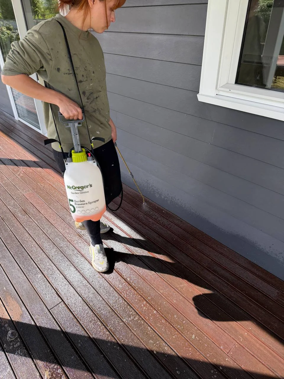 Exterior Repaint & Deck Stain, Albert Town - Process 1: Applying Deck Treatment With Pressure Sprayer Albert Town