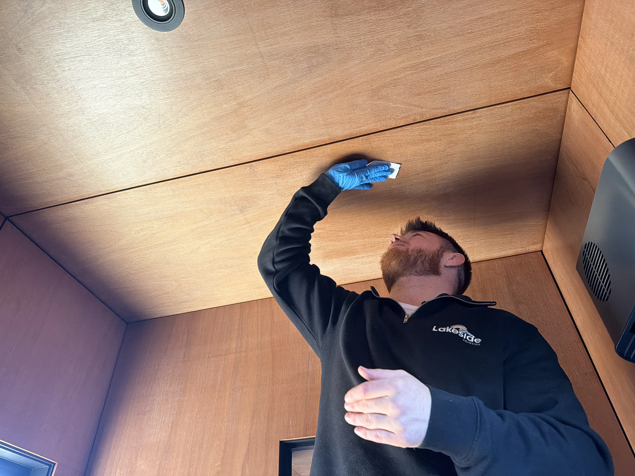 Timber Ceiling Recoat, Wānaka - Process 1: Sanding Test On Timber Ceiling Wanaka