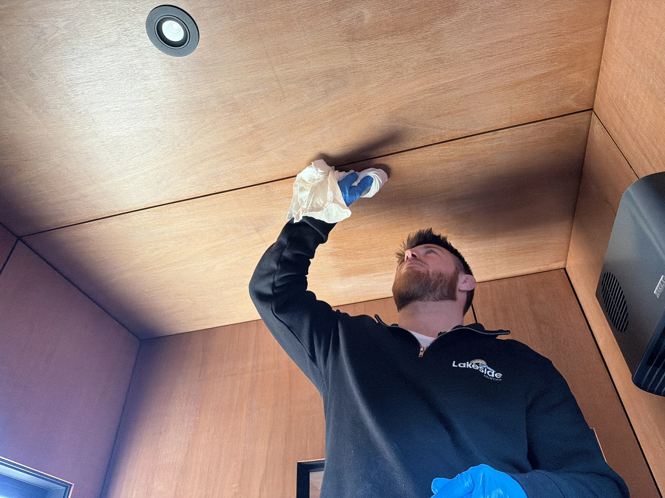 Timber Ceiling Recoat, Wānaka - Process 2: Turps Rag Test Timber Ceiling Wanaka