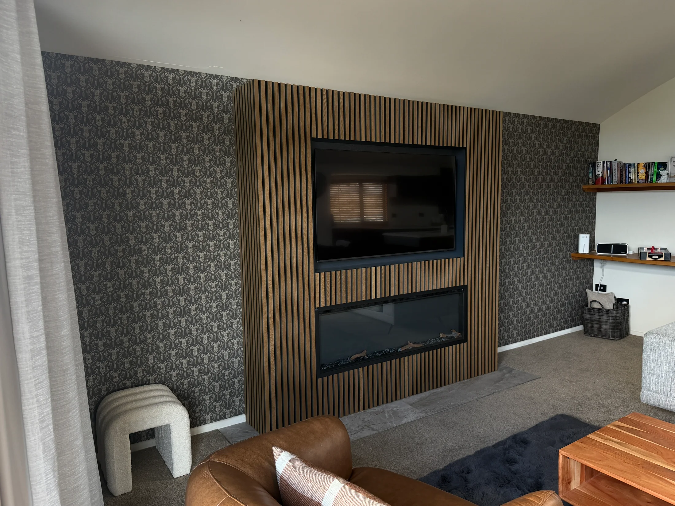 Bedroom, Living Room & Hallway Wallpaper, Wānaka - After 6: Wallpaper Beside Timber Fireplace Surround Wanaka