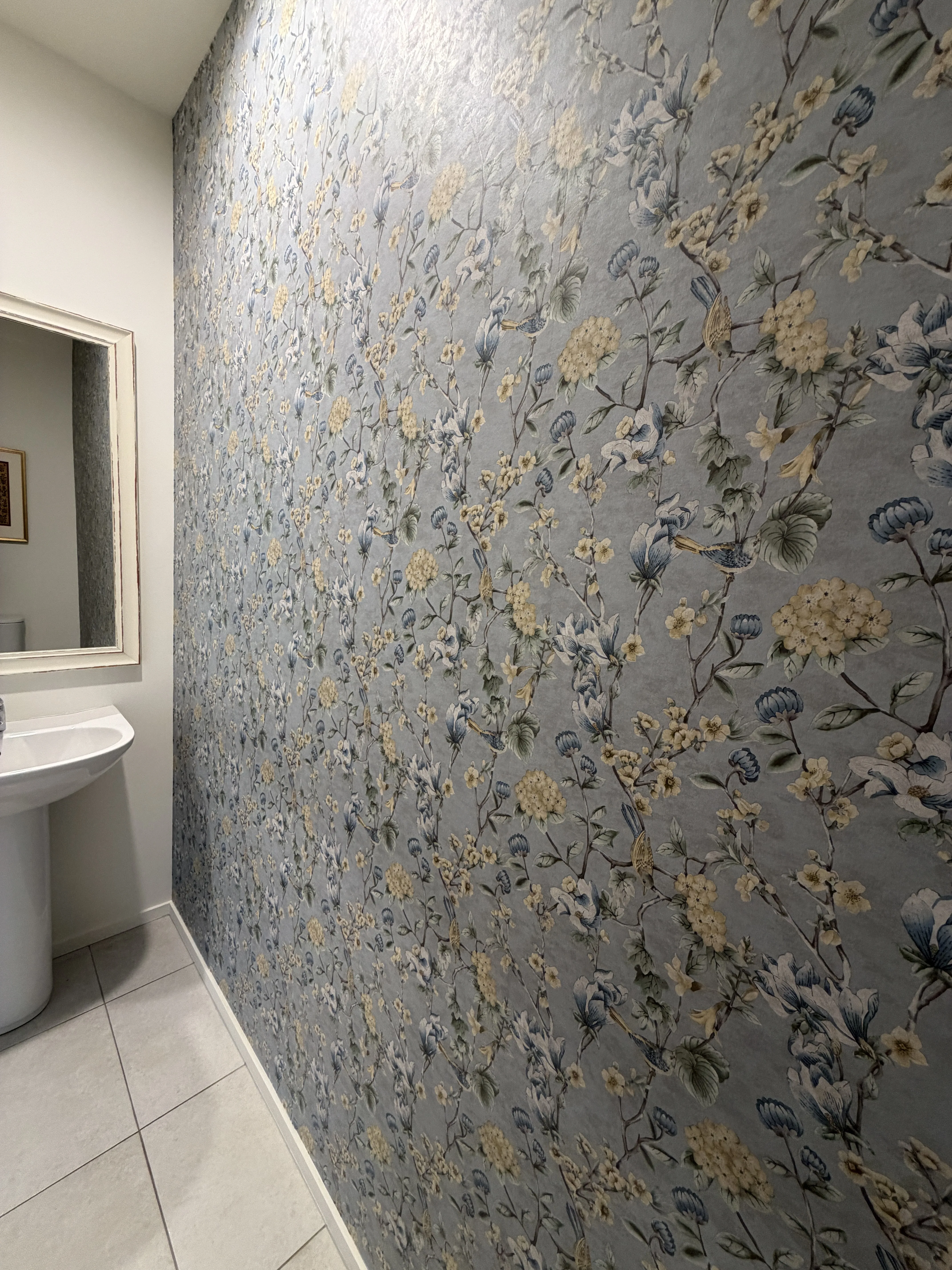 Wallpaper Installation in Wanaka Powder Room - After 2: Finished Wallpaper Feature Wall Powder Room Wanaka Vanity View